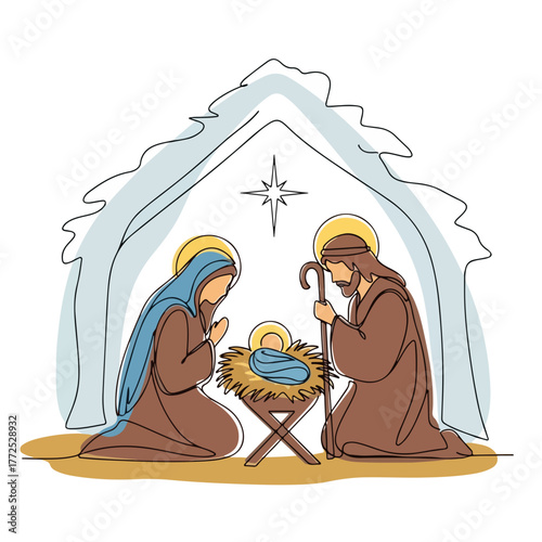 Nativity scene showing baby Jesus, Mary, and Joseph in continuous line drawing. Nativity scene elements include straw manger, haloed figures, and star of Bethlehem in sketched style.