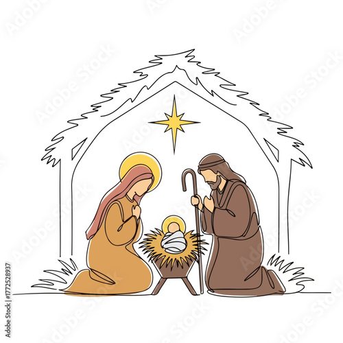Nativity scene illustration with Mary, Joseph, and baby Jesus in a manger. Nativity scene depicting biblical figures with humble posture, one-line drawing style, star shines above holy family.