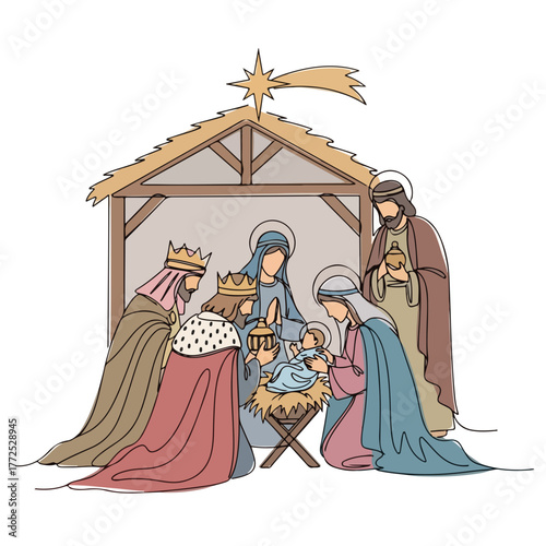 Nativity scene illustration depicting holy family, Jesus, Virgin Mary, and Joseph, with three wise men presenting gifts. Nativity scene captures traditional biblical event,