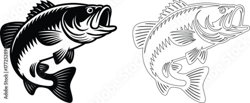 Black and white bass fish leaping out of water silhouette fishing sports concept vector