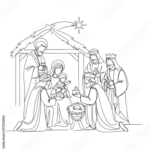 Biblical history unfolds with the nativity scene in simple line art on white. Nativity scene includes holy family, magi, and star of Bethlehem, rendered in minimalist line art.