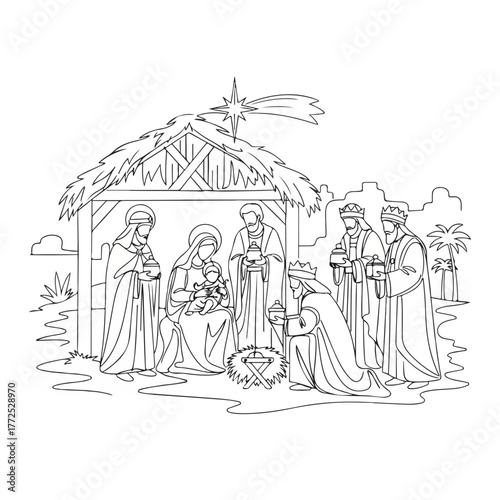 Nativity scene with Mary, Joseph, and baby Jesus for line art. Nativity scene under star of Bethlehem depicted with three wise men and simple manger in stable.