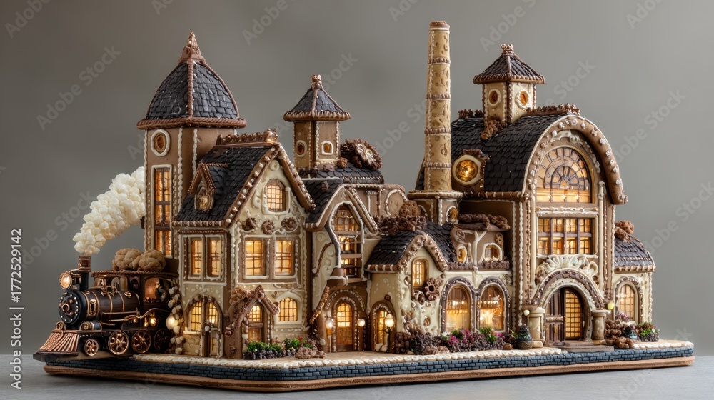 Obraz premium Highly detailed gingerbread steampunk factory model with a miniature locomotive, intricate carvings, and warm glowing light from the windows.