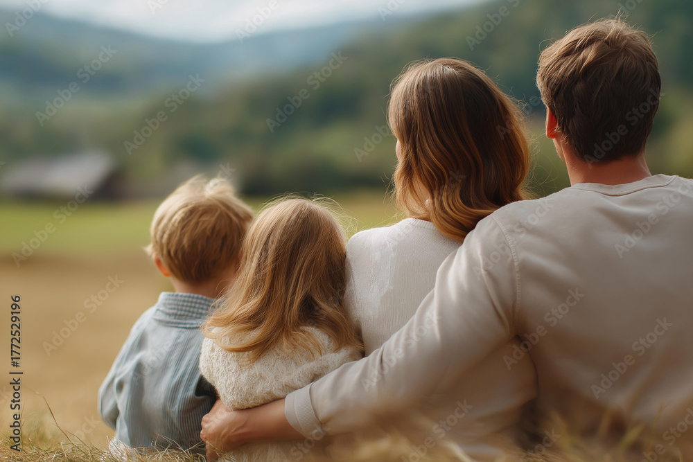Fototapeta premium Family sitting in field with defocused landscape background, faceless outdoor moment, nature gathering visualization, blurred countryside scene, family unity detail, peaceful bondi
