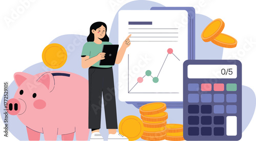 Financial planning concept woman piggy bank calculator chart coins money growth savings investment vector