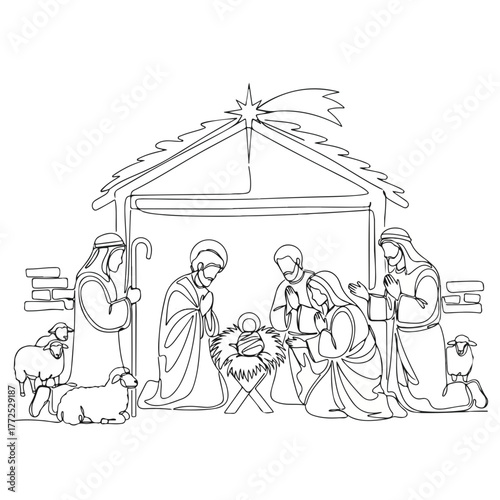 Biblical nativity scene with single line drawing of Holy Family. Biblical nativity showing Joseph, Mary, baby Jesus, sheeps, and the wise men praying in stable, with star above.