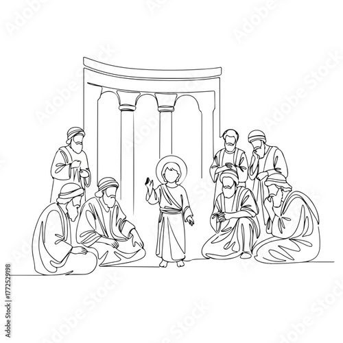 Biblical history in minimalist drawing depicts young religious leader among scholars. Biblical history is captured in continuous line art illustrating discussion with learned men in temple.