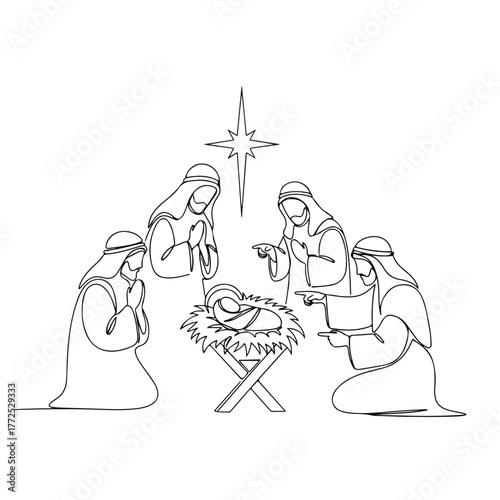 Continuous line art of nativity scene with baby Jesus in manger, surrounded by adoring figures. Nativity scene depicts biblical history through minimalism and flowing contours.
