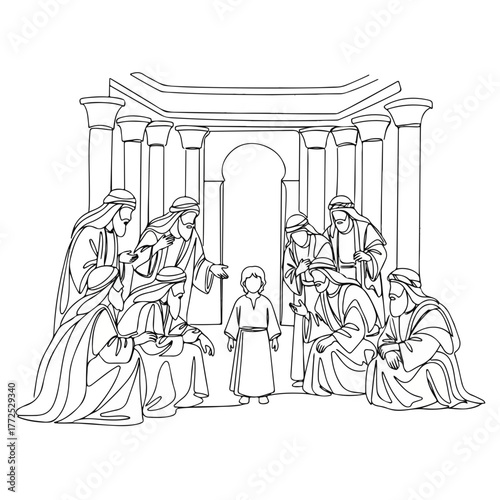 Biblical scene showing Jesus among doctors, religious scholars listening with interest. Biblical scene shows boy Jesus in temple, surrounded by learned men, listening to his wisdom and knowledge.
