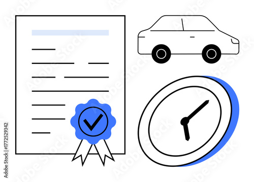 Certified document, car, and clock symbolizing official paperwork, punctuality, and legal compliance. Ideal for vehicle registration, car insurance, legal contracts, deadlines certification