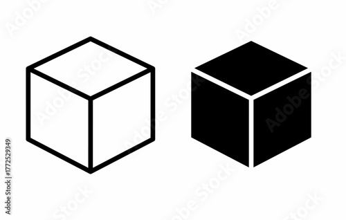 Cube icon outline and solid version isolated on white background