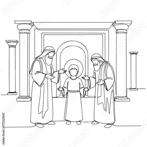 Biblical history shown in linear illustration of boy with religious figures in front of stone columns. Biblical history elements include holy men with robes and head covering surrounding young child.