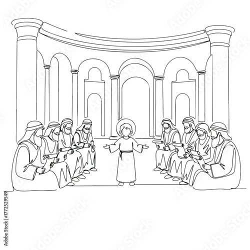 One line drawing of Jesus , in temple with teachers, reveals Jesus's teachings. Religious illustration shows Jesus's early ministry, in ancient setting, demonstrating religious education.
