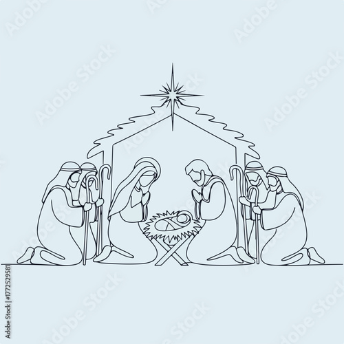 Nativity scene showing baby Jesus with Mary and Joseph and the Shepherds. Depicts traditional Nativity scene with simplified figures under star of Bethlehem.