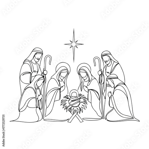 Biblical nativity scene with continuous line drawing of Mary, Joseph, and shepherds in front of manger. Biblical nativity reflects Christian beliefs.