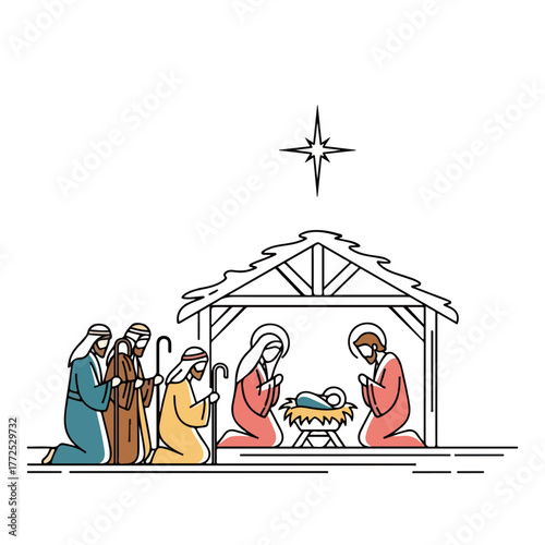 Biblical nativity scene illustration depicting wise men visiting baby Jesus in Bethlehem. Nativity scene demonstrates biblical history, showing Mary, Joseph, and newborn child under shining star.