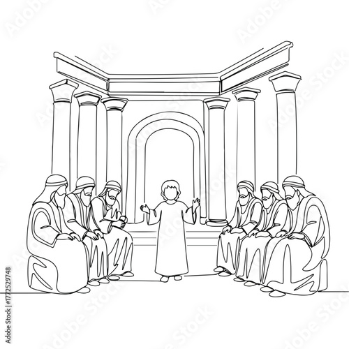 Biblical history illustration featuring young Jesus teaching elders in temple, ancient setting shows his understanding, wisdom.