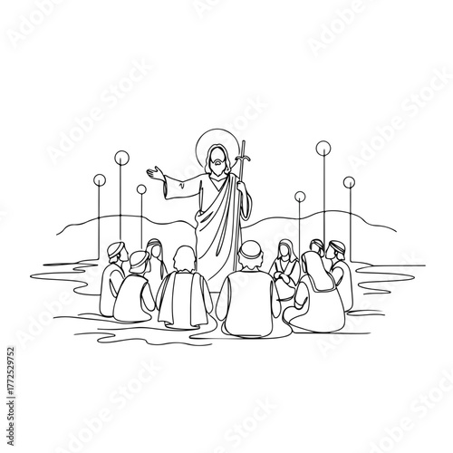 Biblical scene in continuous line drawing features Jesus preaching to crowd with halo and staff. Biblical scene includes group of people, landscape, and simple line art representing spirituality.