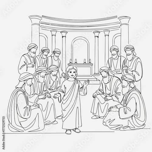 Biblical scene showing young Jesus, teaching, and surrounded by elders in line art. Biblical scene in temple, the young Messiah shares his wisdom with scholars and religious leaders.