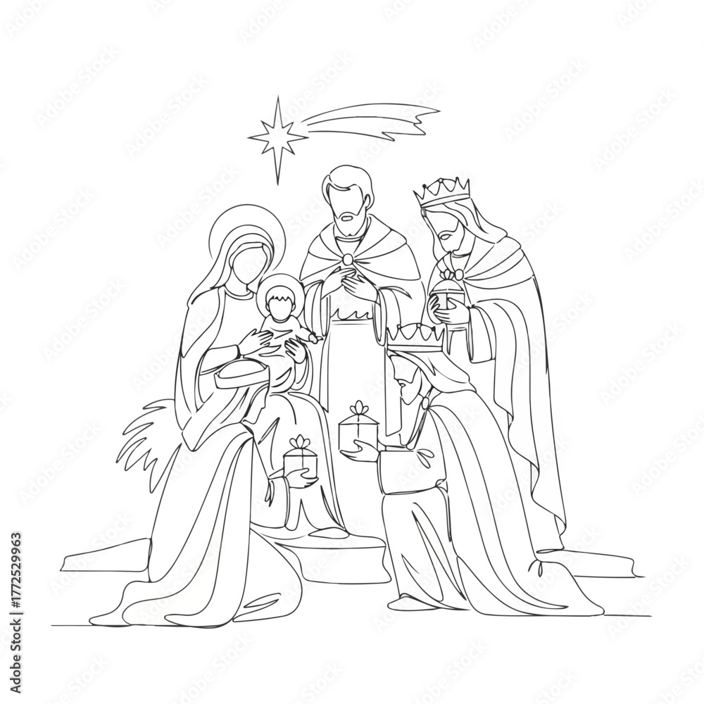 Obraz premium Nativity scene showing The Nativity with Mary and baby Jesus. Nativity scene is a biblical depiction with three wise men.
