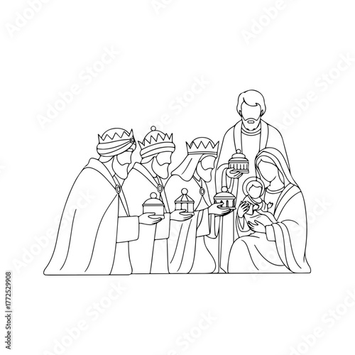 Three kings bringing gifts to baby Jesus Christ, black line illustration. Three kings, wise men presenting gifts to newborn Jesus with Joseph and Mary.