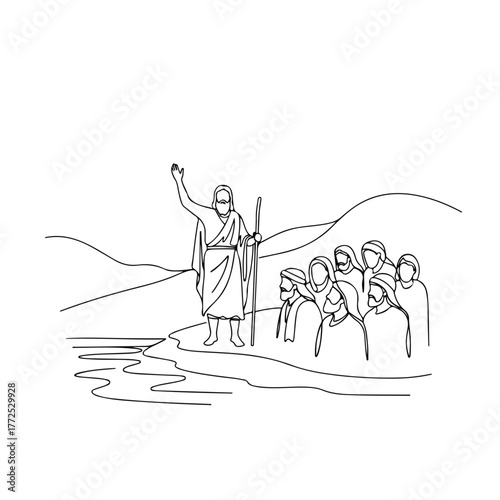 Biblical history scene showing religious leader with followers near flowing water. Biblical history includes robed figure standing with staff and group listening by stream with hills in background.