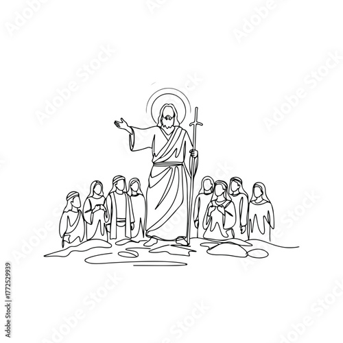 Biblical illustration with Jesus Christ and gathering people listening to him, simple line art. Biblical illustration of savior teaching followers, holding cross and sharing his message.