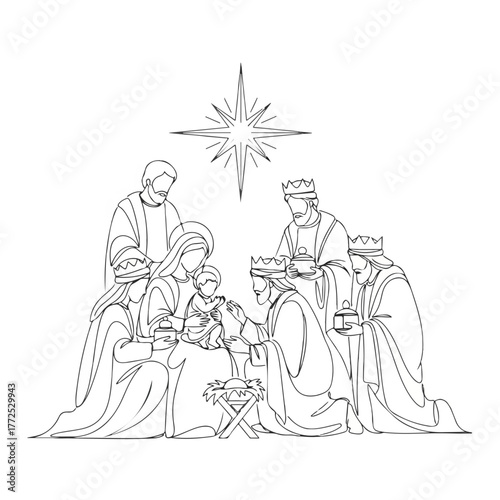 Biblical history illustration showing nativity scene with baby Jesus and three wise men presenting gifts in line art. Biblical history design includes star, Mary, Joseph,