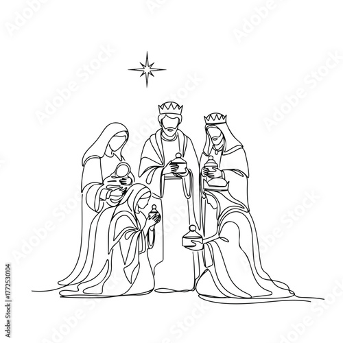 Continuous line drawing Nativity scene displaying three wise men presenting gifts to baby Jesus. Nativity scene art depicts Biblical adoration in continuous line. Illustrative Nativity scene,