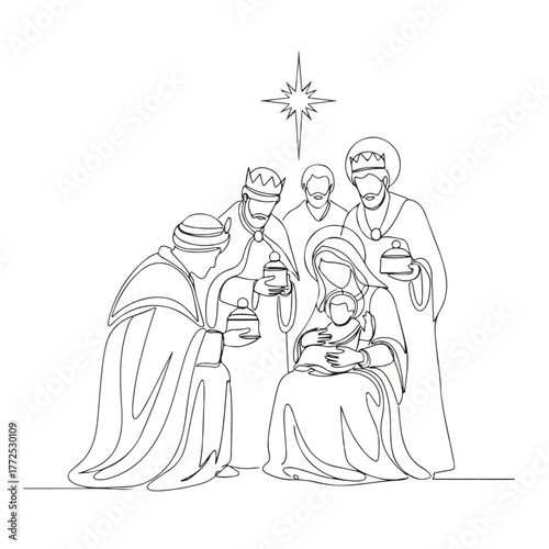 Biblical history depicted in continuous line drawing showcasing three wise men offering gifts to baby Jesus and Mary. Depiction of biblical history shows star shining above sacred scene,