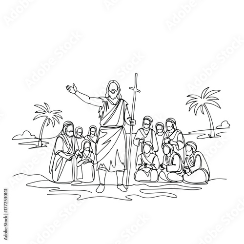 Biblical history illustration of Jesus teaching disciples by sea, captured in single continuous line.