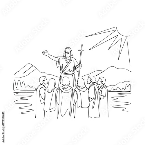 Biblical history depicted in single continuous line art, showing Jesus Christ preaching to group of disciples near water and mountains.