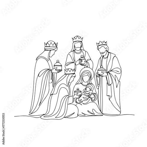 Biblical history illustration depicting three wise men presenting gifts to baby Jesus. The three wise men offer presents with mother Mary holding baby Jesus in Bethlehem, remembering biblical history.