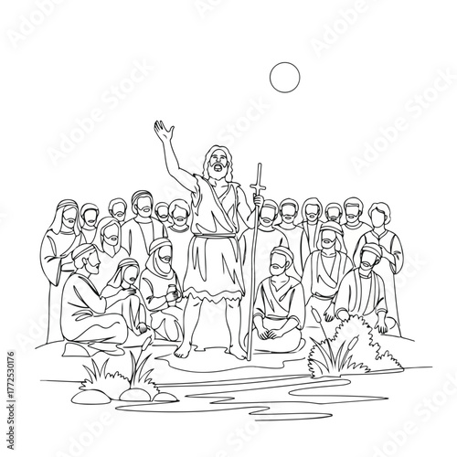 Biblical scene in simple line drawing depicting a preacher with followers standing in the water. Biblical scene shows a leader holding staff in continuous line illustration.