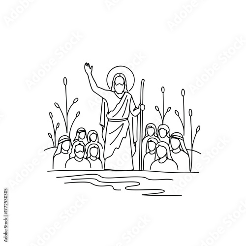 Biblical history depicted through linear art featuring Jesus Christ, showcasing his leadership amidst followers and serene landscape. Biblical history unfolds with Christ holding staff,