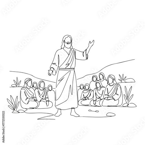 Single continuous line drawing of Jesus Christ preaches to his followers in the desert. Single line drawing shows simplicity and faith, evoking spiritual connection.