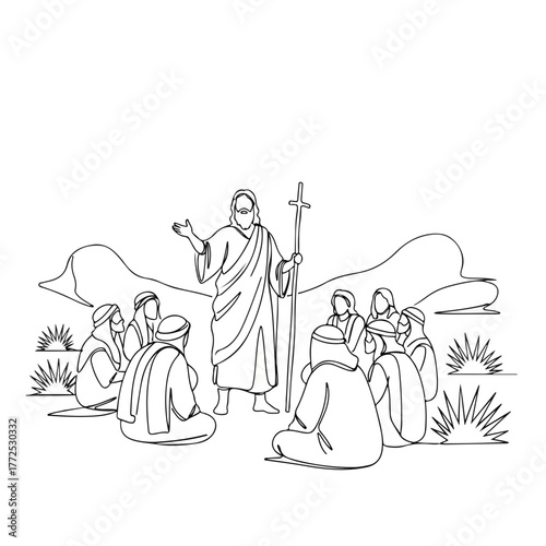 Jesus preaching with line drawing to his disciples in biblical history. Jesus delivers sermon, teaching truth to a gathering, depicting his role in biblical history, holding staff as visual symbol.