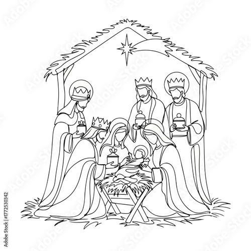 Nativity scene illustration showing baby Jesus with Mary and Joseph, visited by three wise men under star of Bethlehem. Nativity scene coloring page is traditional Christmas theme,