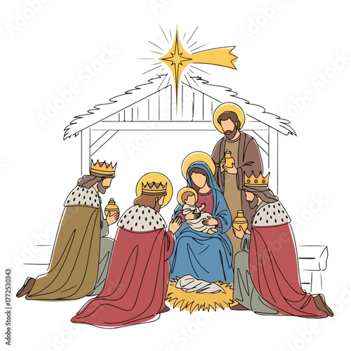 Nativity scene with magi and holy family in continuous line drawing illustration. Continuous line drawing shows Christmas nativity, Virgin Mary, baby Jesus, Joseph,