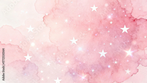 Watercolor background with stars and glitter in shades of pink and white
