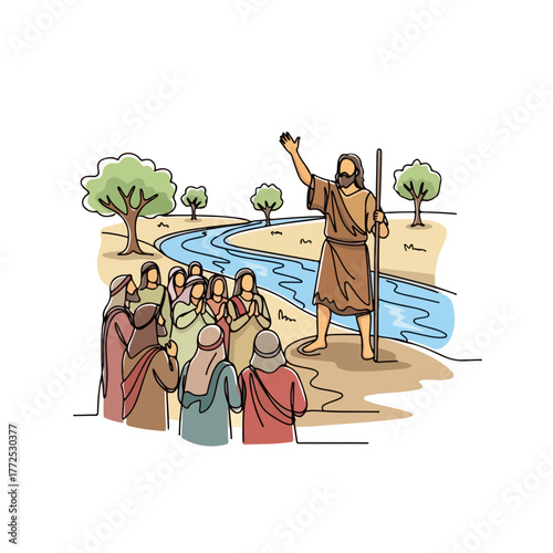 Biblical history artwork showing John Baptist preaching near river. John Baptist shares his message with crowd near river, inviting them to repent and be baptized.