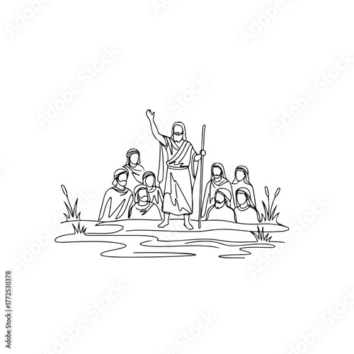 Biblical history scene depicted with linear drawing of Moses leading people through water. Linear drawing shows group following Moses, holding staff,