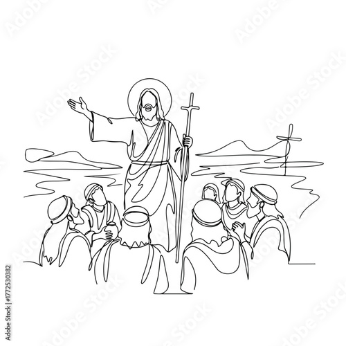 Biblical illustration showing Jesus teaching disciples on hillside. Biblical illustration conveying spiritual wisdom and divine guidance with religious group,