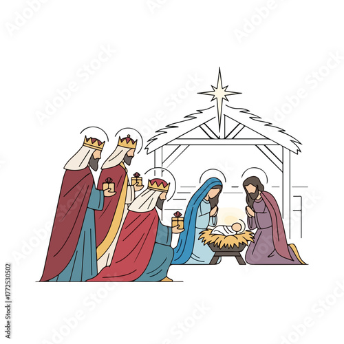 Nativity scene with Three Wise Men bringing gifts and adoring baby Jesus, Mary, and Joseph. Nativity scene depiction with biblical figures under shining star, evoking religious Christmas spirit.