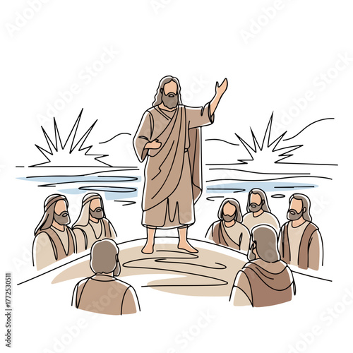 Jesus preaches to disciples on mountain with continuous line drawing. Jesus leads followers in biblical history on seaside cliff during sunrise with divine inspiration.
