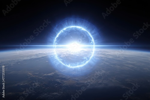A futuristic blue ring floating in the center of planet Earth, emitting a vibrant glow. This high-tech fusion reactor is harnessing energy in low Earth orbit.