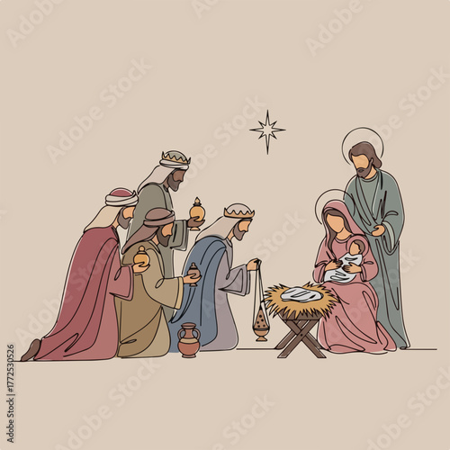 Nativity scene depicting biblical history with Mary, Joseph, and three wise men paying homage to baby Jesus in manger. Nativity scene, a timeless image portraying story in biblical history,