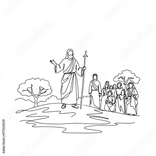 Line art drawing of Moses delivering sermon to Israelites, standing on mountaintop. Moses, holding staff, shares teachings with people, conveying profound meaning and significance to biblical history.