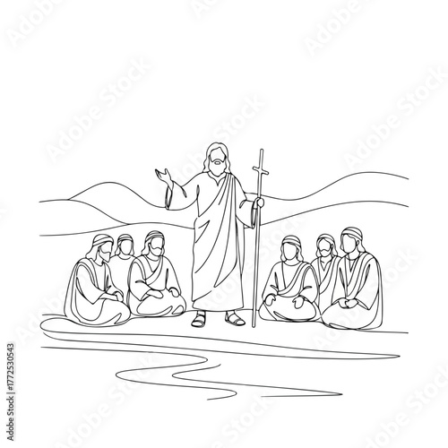 Bible study showing Jesus and his disciples sitting on ground. Jesus Christ teaches the twelve apostles in biblical history, sharing wisdom with those who listen in a minimal line art drawing.