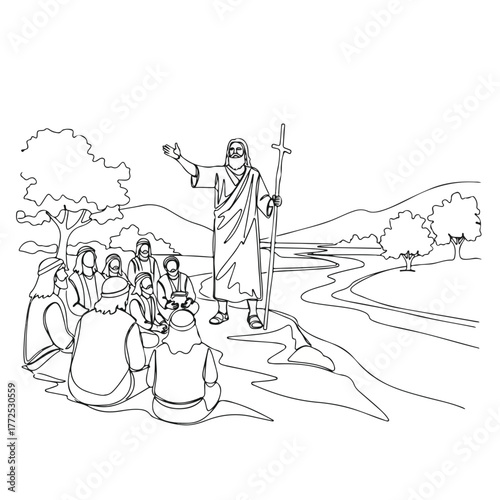 One line drawing of Jesus preaching with his disciples in a biblical scene. Jesus preaching near river shows faith and leadership. Depiction of Jesus preaching in minimalistic style,